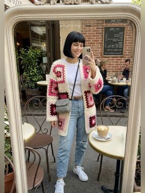 Handmade Crochet Granny Square Cardigan in Cream & Pink